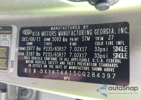 2012 Kia Sorento Lx из США, поврежденный, VIN 5XYKT4A15CG284397